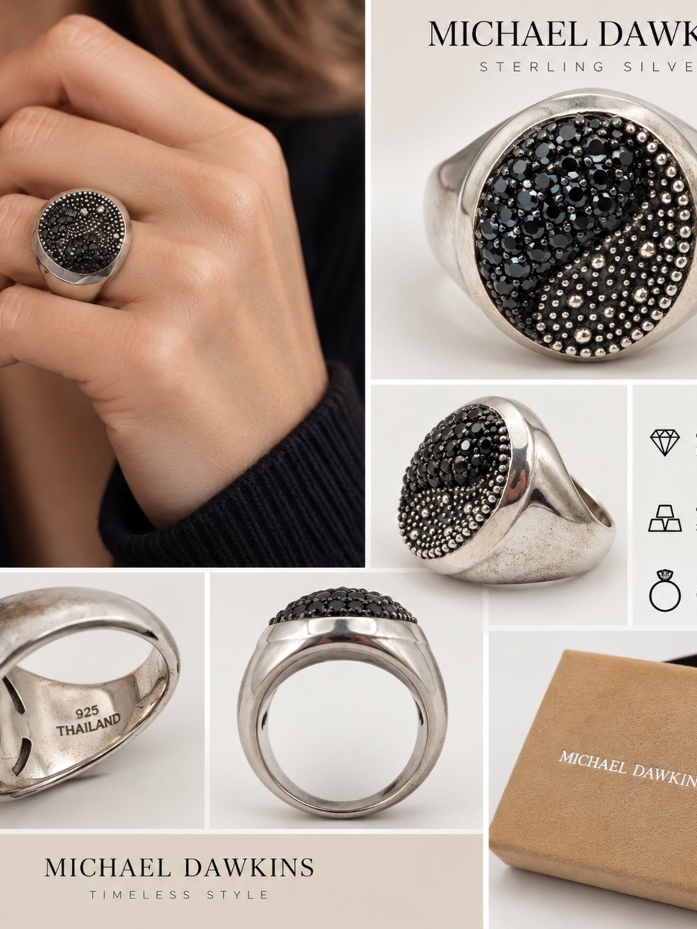 Michael Dawkins 925 Sterling Silver Black Stone Statement Ring Size 9.5